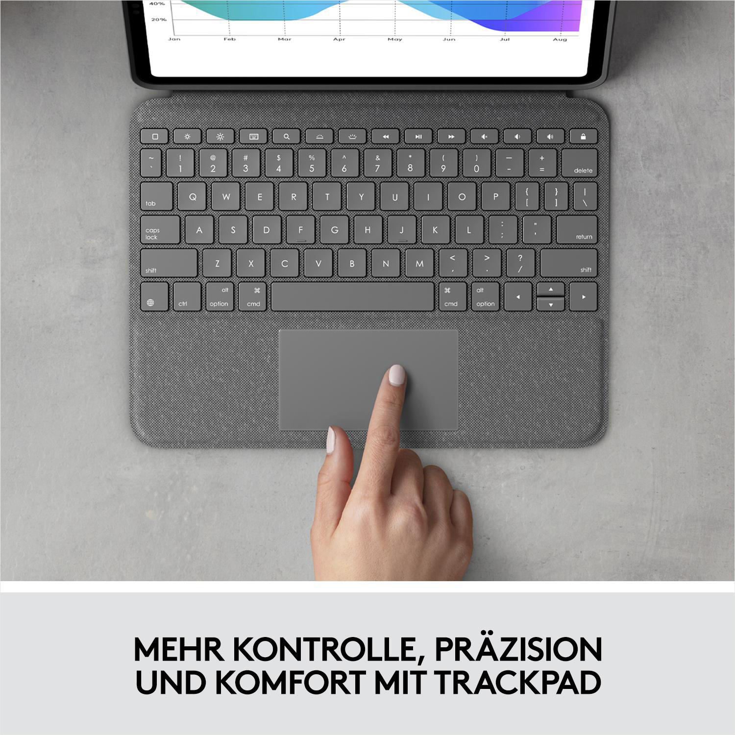 Eine Hand berührt das Trackpad einer grauen Tastatur.