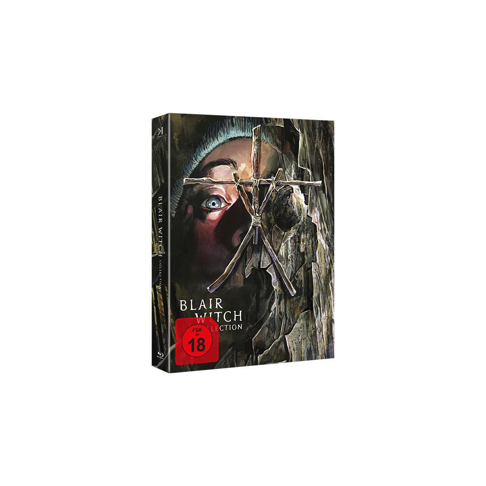 Blair Witch Blu-ray-Cover. Ein Gesicht wird von einer Holzstruktur umrahmt. Das Cover ist weiß.