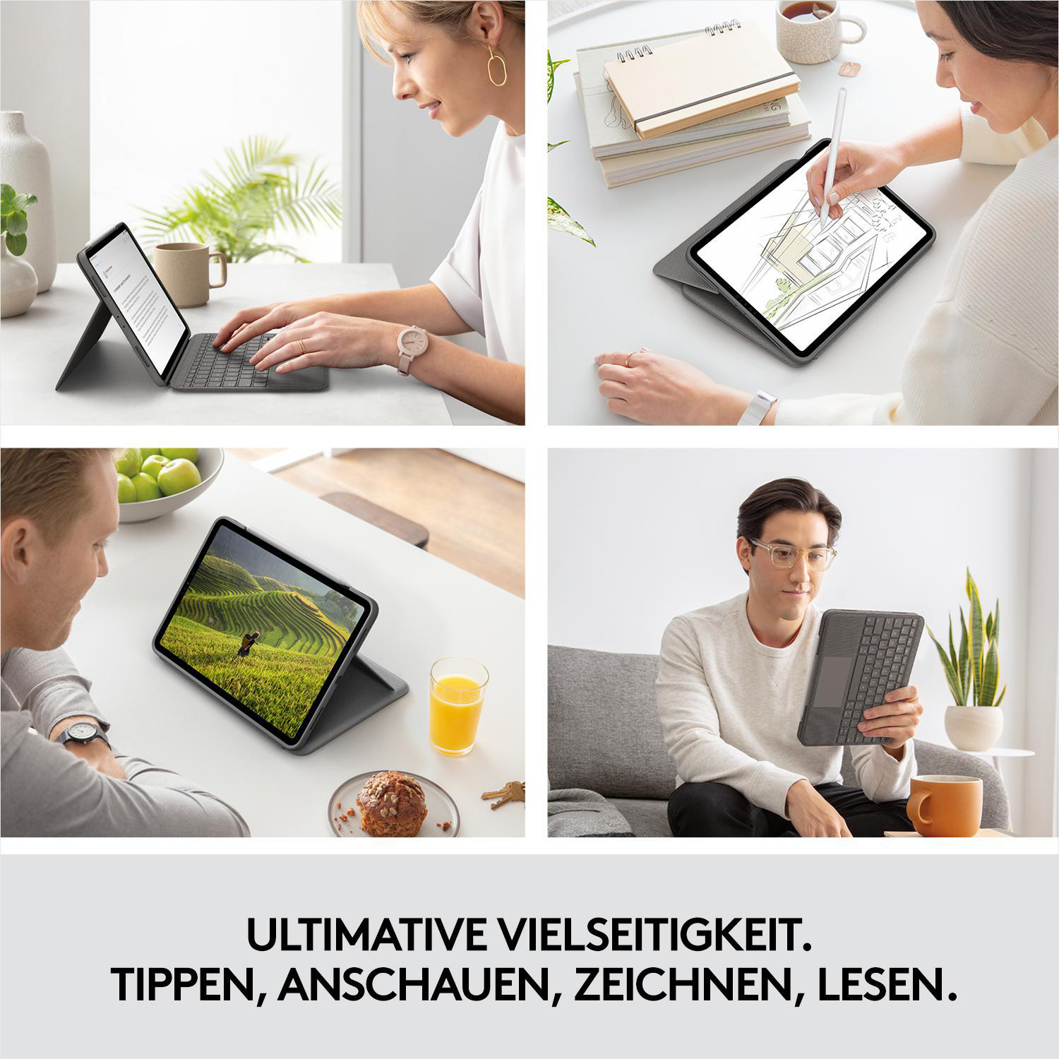 Vier Bilder, die zeigen, wie Menschen ein Tablet mit Tastaturhülle benutzen.