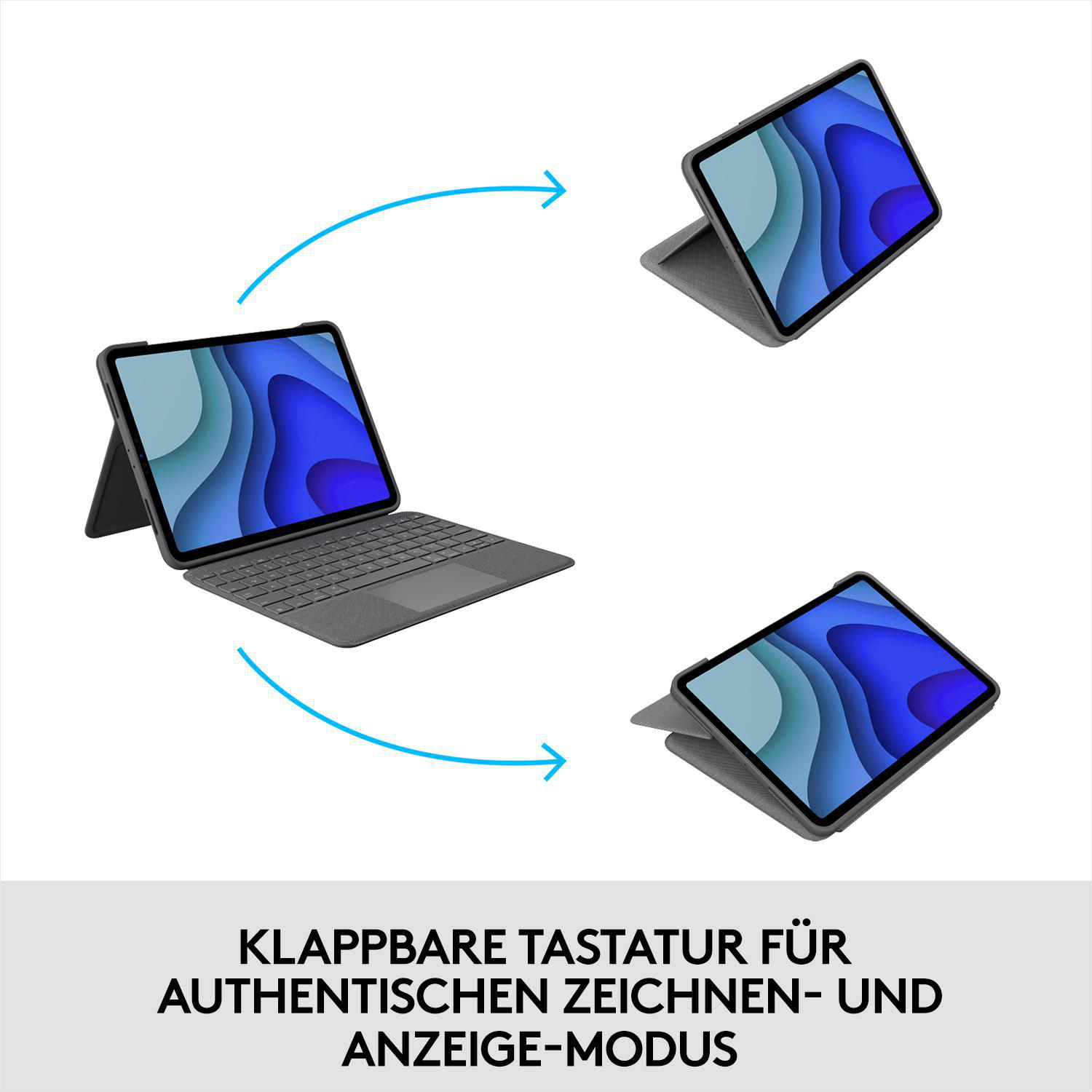 Tablet mit Tastatur. Pfeile zeigen verschiedene Positionen. Text: klappbare Tastatur, Zeichenmodus.