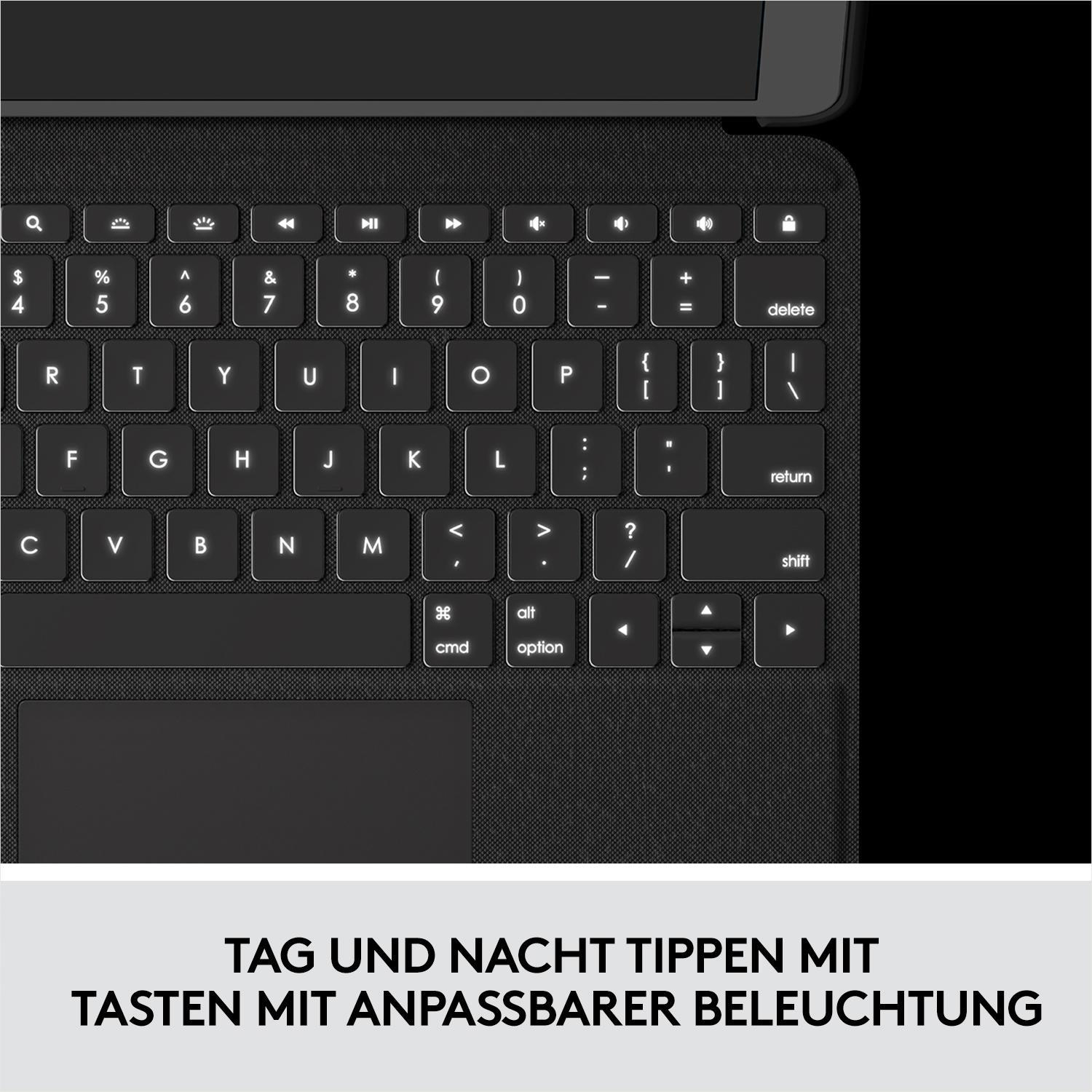 Schwarze Tastatur mit weißen Tasten. Eine Laptop-Tastatur mit vielen Tasten und einem Touchpad.