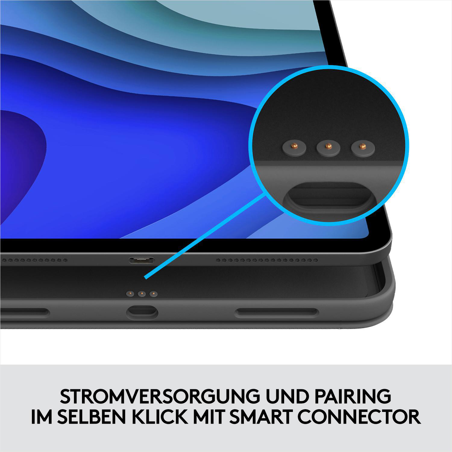 Ein Tablet wird gezeigt, mit Nahaufnahme des Ladeanschlusses. Text: "Stromversorgung und Pairing..."