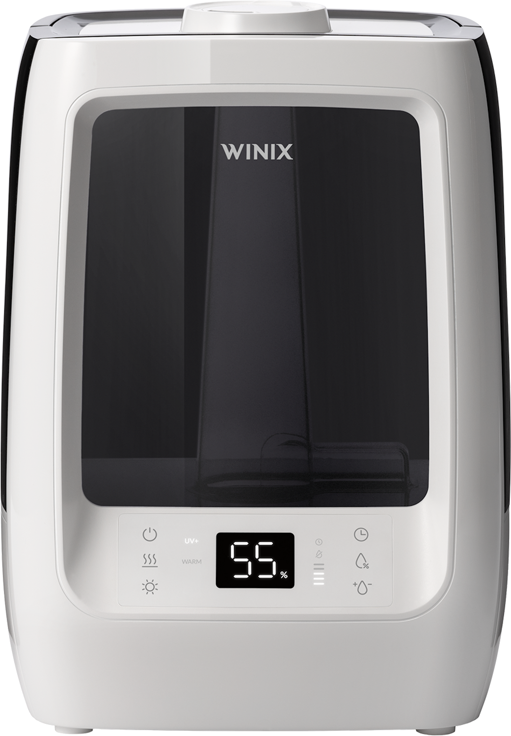 Witte Winix luchtbevochtiger. Digitaal display toont 55%. Bediening.