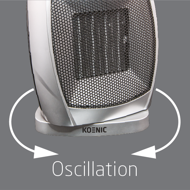 Egy ezüst ventilátor 'KOENIC'-felirattal és a lengést mutató nyíllal, szürke felületen.