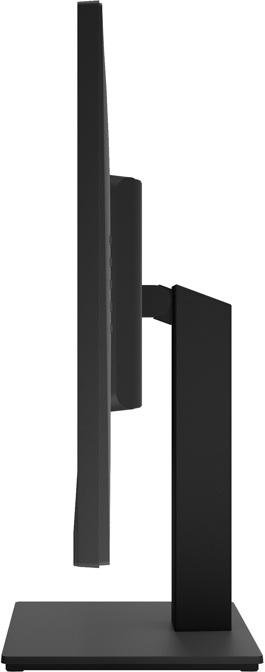 Seitenansicht eines schwarzen Monitors. Der Sockel ist rechteckig und schwarz. Der Bildschirm ist schwarz.