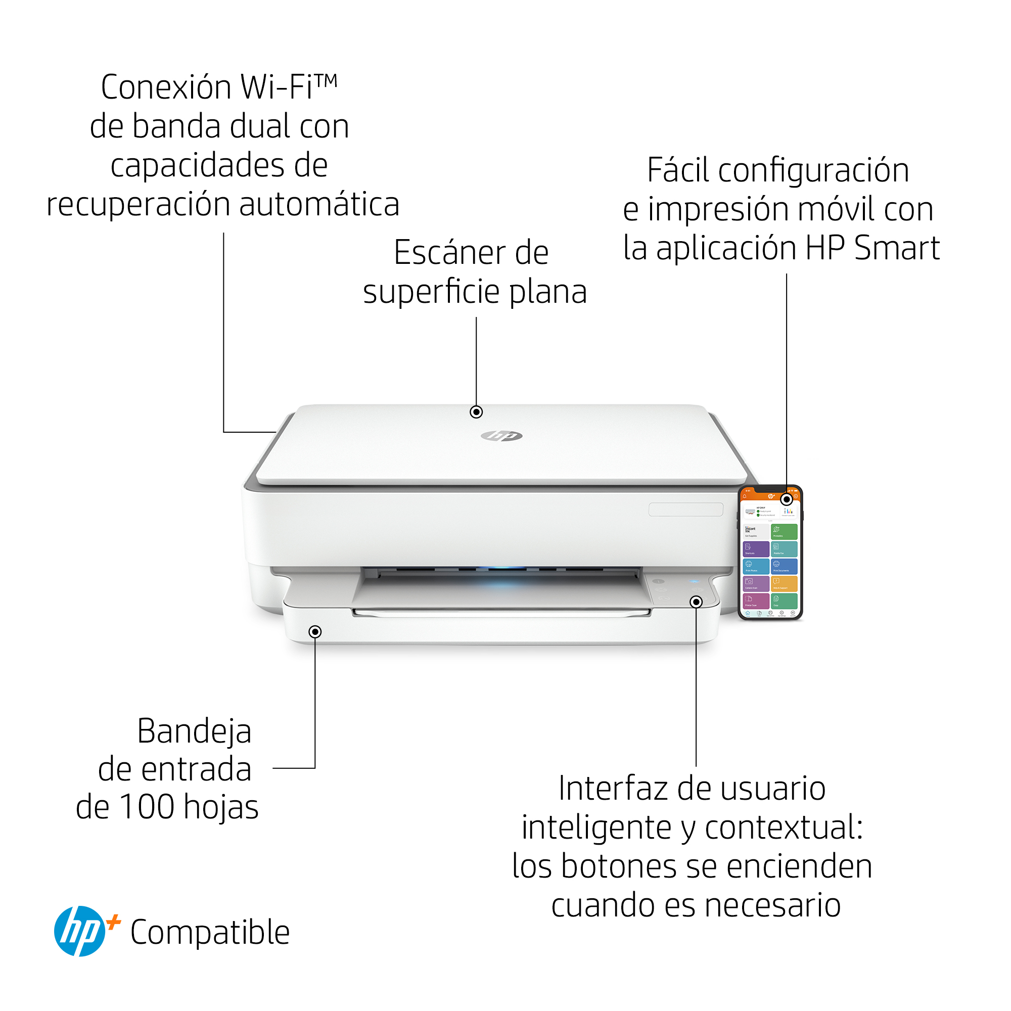 Impresora multifunción - HP Envy 6030e,Color/Mono,10 ppm,Inyección,Wi-Fi, 6 meses de impresión Instant Ink HP+