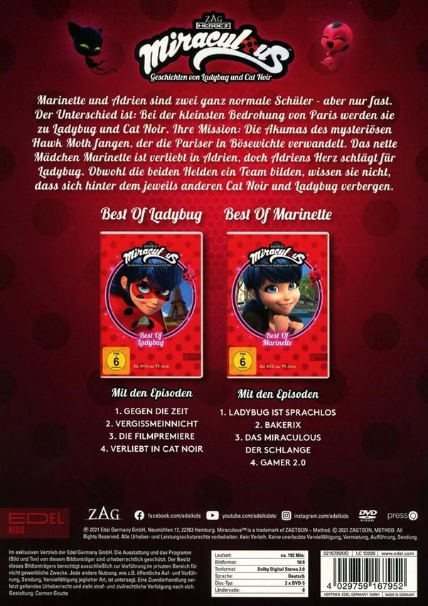 Miraculous DVD-Cover. Zwei Zeichentrickfiguren auf der Vorderseite, Text auf Französisch.