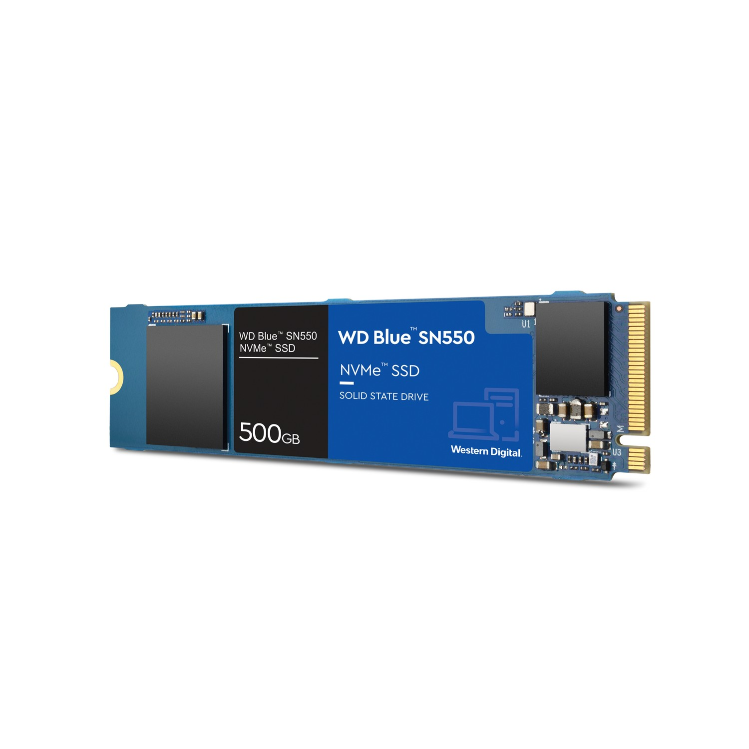 SSD NVMe WD Blue SN550 sobre fondo blanco. El texto en la unidad indica su modelo.