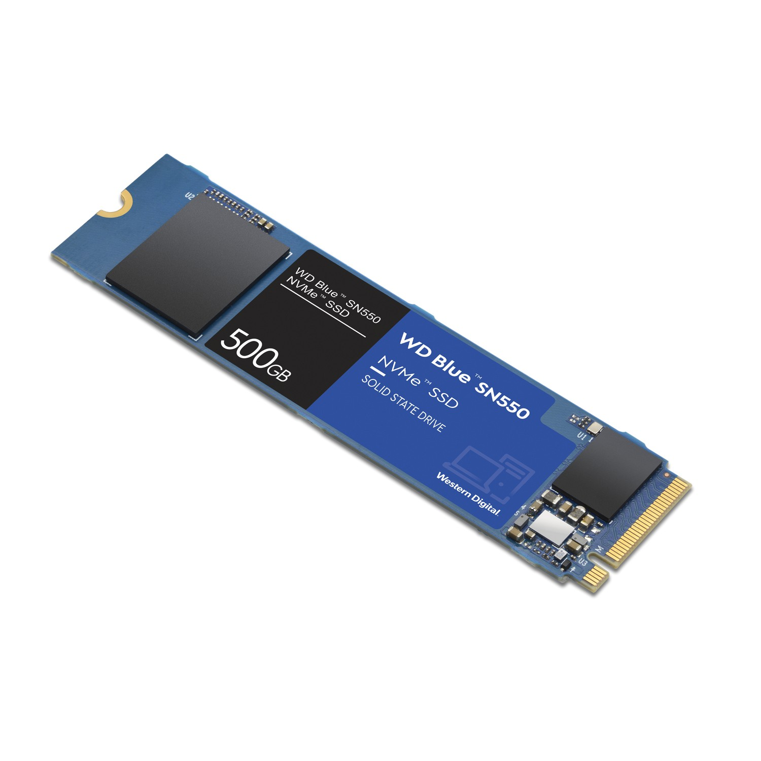 Un SSD NVMe WD Blue SN550 azul. Tiene un rectángulo negro y texto. Fondo blanco.
