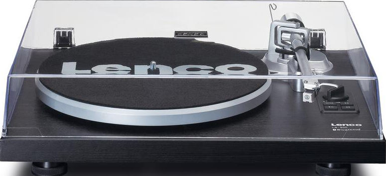 Ein schwarzer Lenco LB-500 Plattenspieler mit einer transparenten Abdeckung.