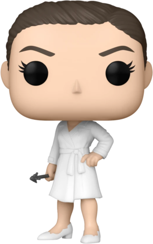 Figurine Funko Pop d'une femme en manteau blanc, tenant un outil, avec une expression sévère.