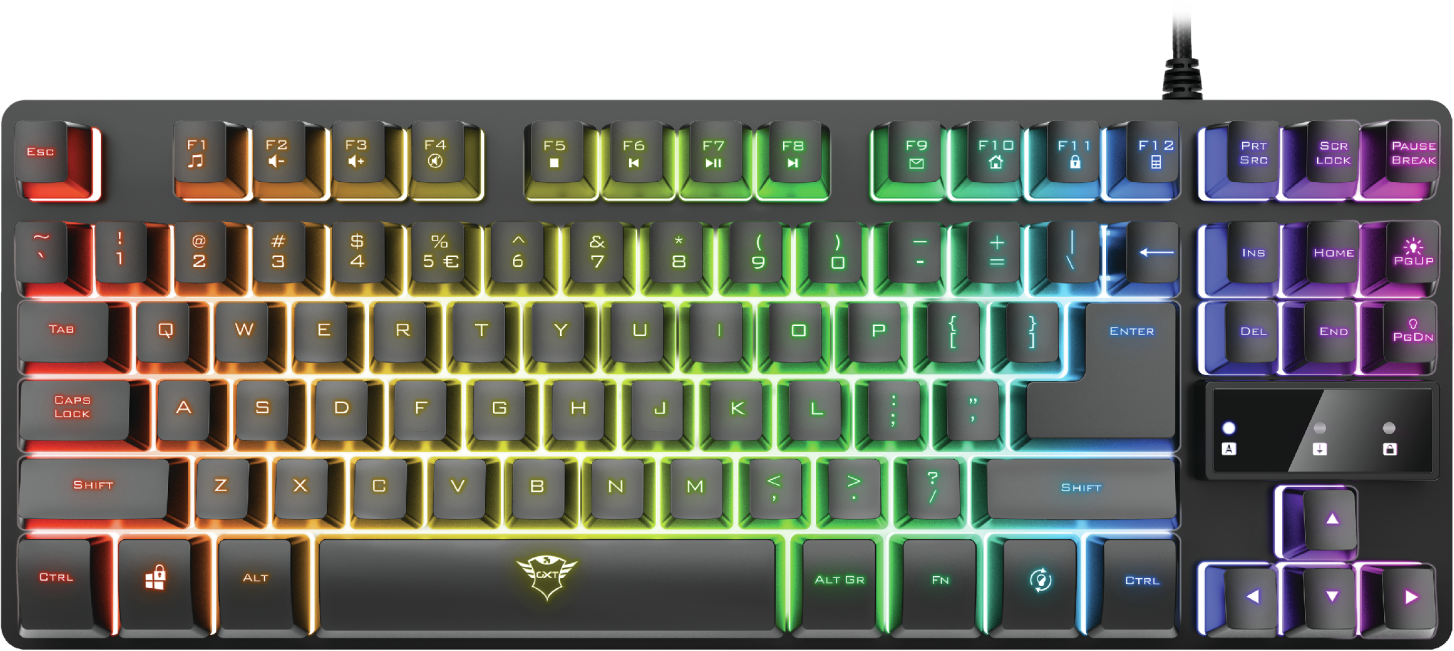RGB billentyűzet betűkkel és számokkal. Színes világítás és gamer elrendezés.
