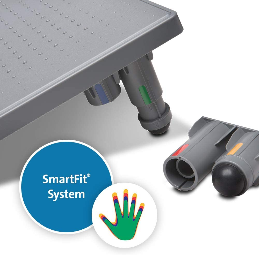 Szürke, állítható íróasztallábak SmartFit System logóval és színes kéz illusztrációval.