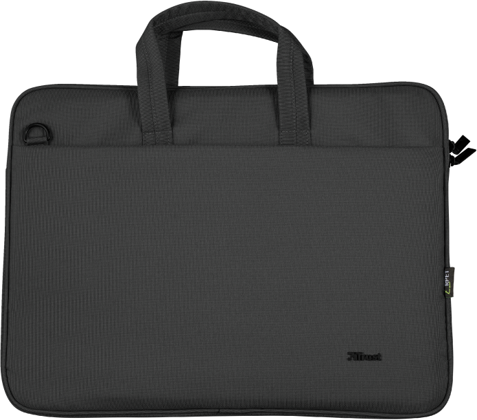 Sötétszürke laptop táska fogantyúval, vállpánttal és Trust logóval.