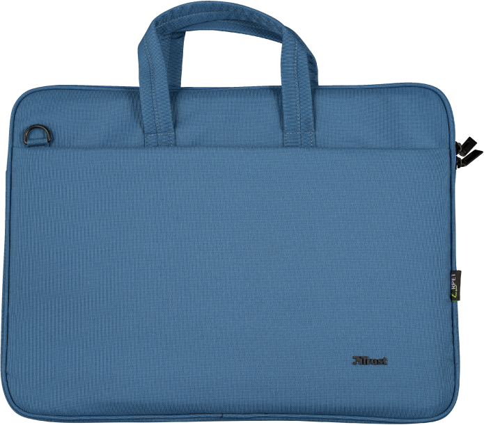 Egy kék laptop táska fogantyúkkal és cipzárral. Van rajta egy kis címke.