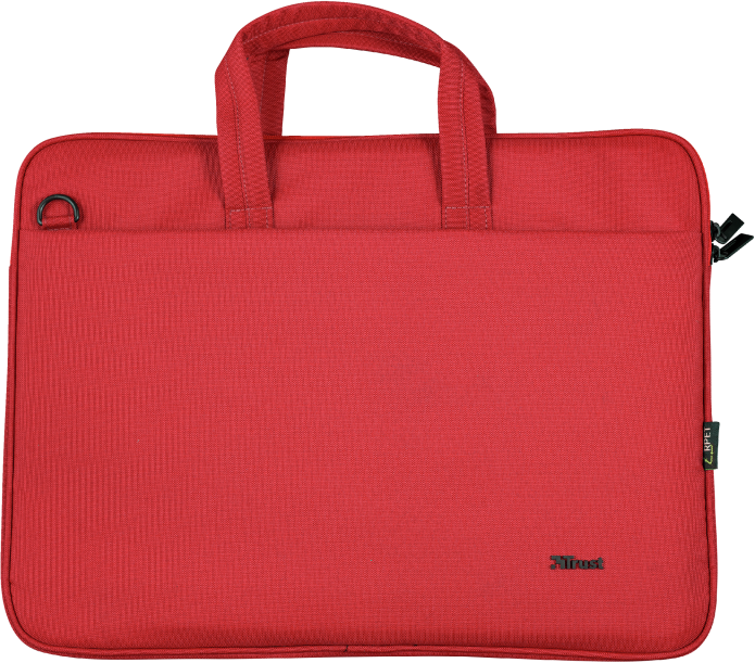 Egy piros laptop táska fogantyúkkal és vállpánt rögzítéssel, a Trust logója látható.