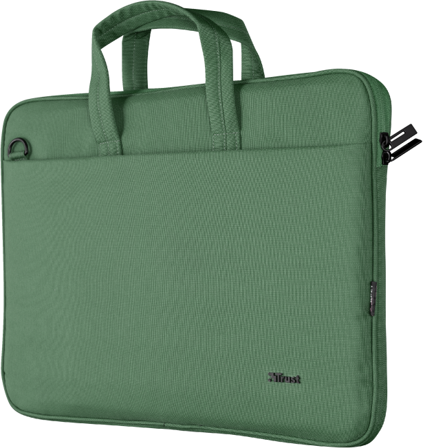 Zöld laptop táska fogantyúkkal és Trust logóval, fekete háttéren.