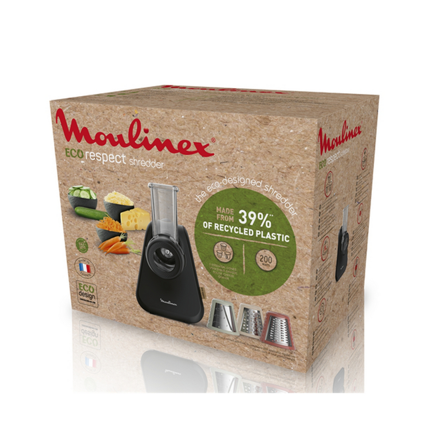 Caja de cartón de una trituradora Moulinex. La caja tiene imágenes del producto y sus características.