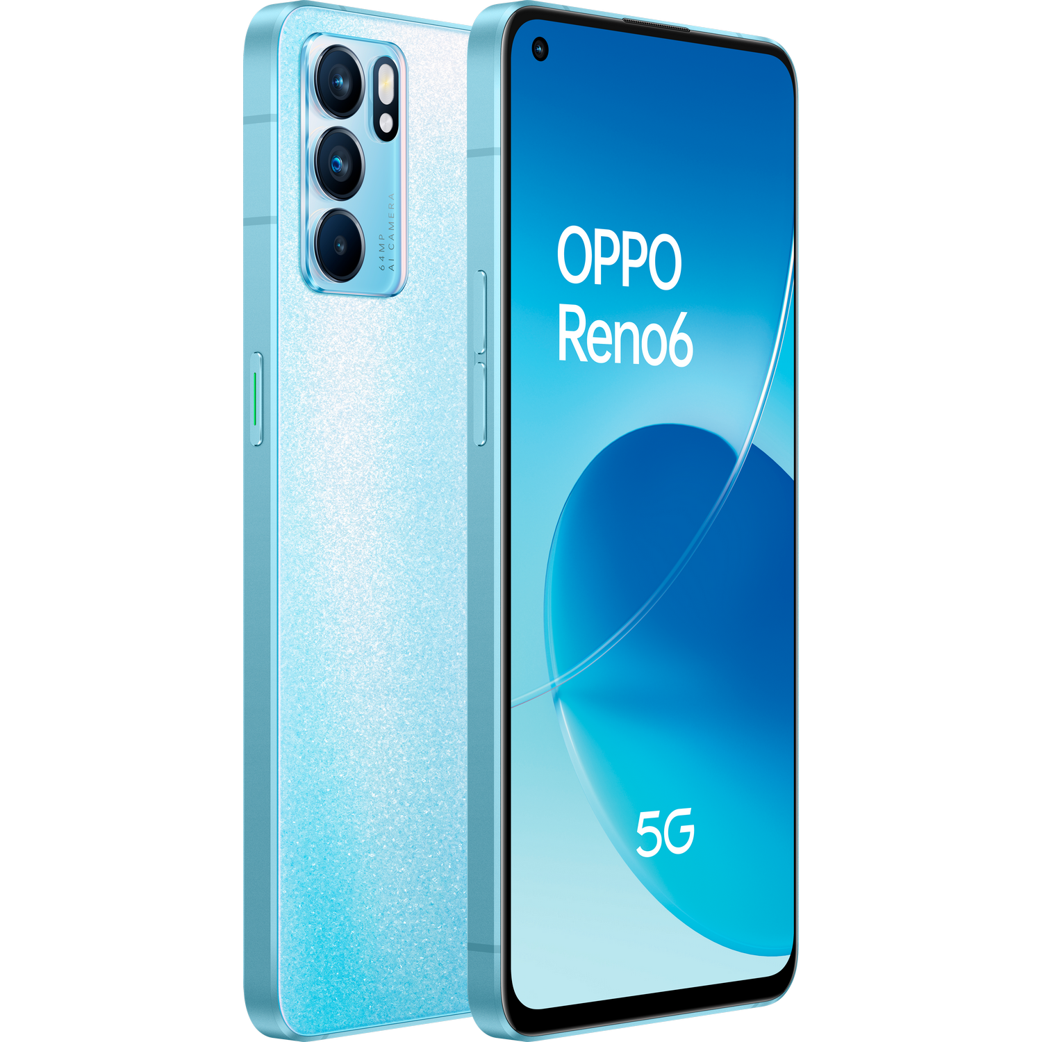 Un teléfono Oppo Reno6 5G azul claro, mostrando la parte trasera con cámaras y la frontal con pantalla.