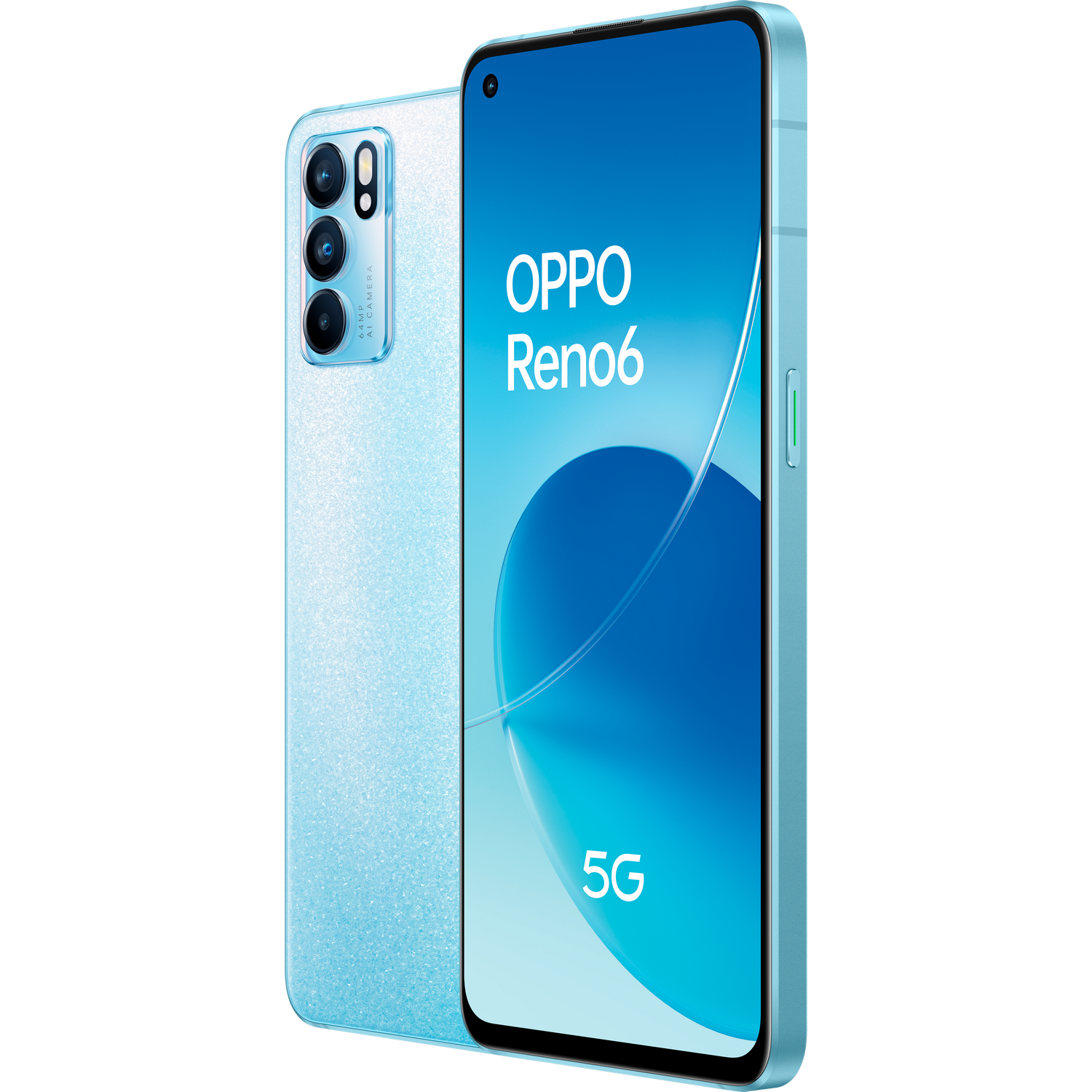 Teléfono Oppo Reno6 5G azul claro, con fondo blanco.