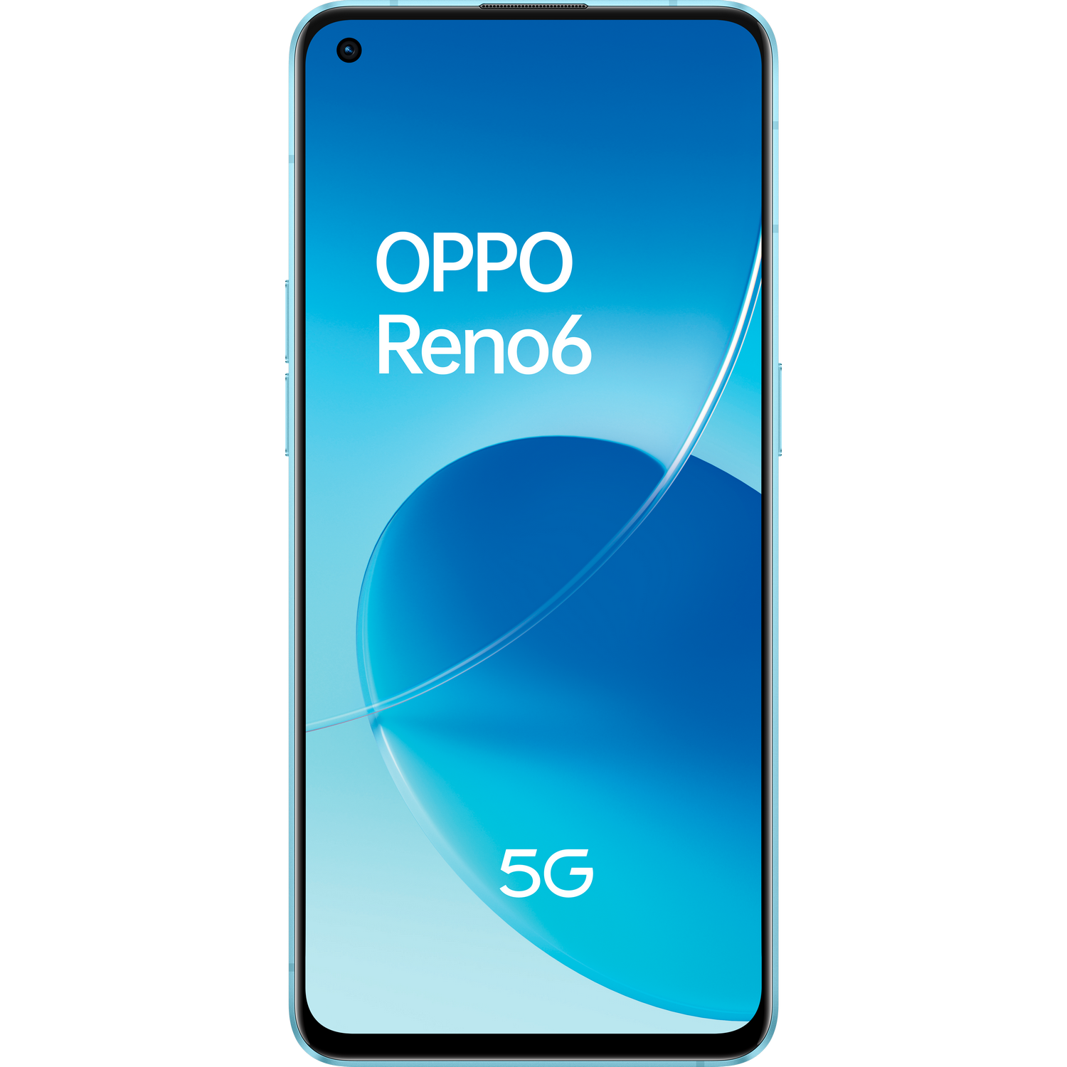 Se muestra un teléfono inteligente Oppo Reno6 5G sobre un fondo blanco.