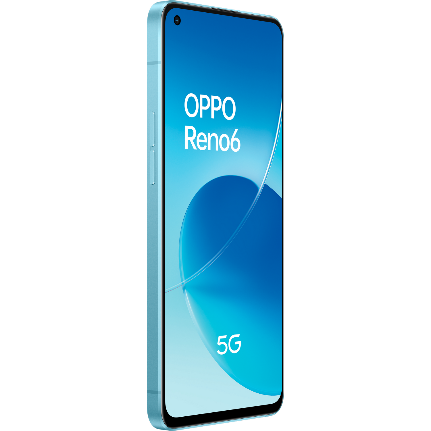 Smartphone Oppo Reno6 5G azul claro con un diseño circular azul grande.