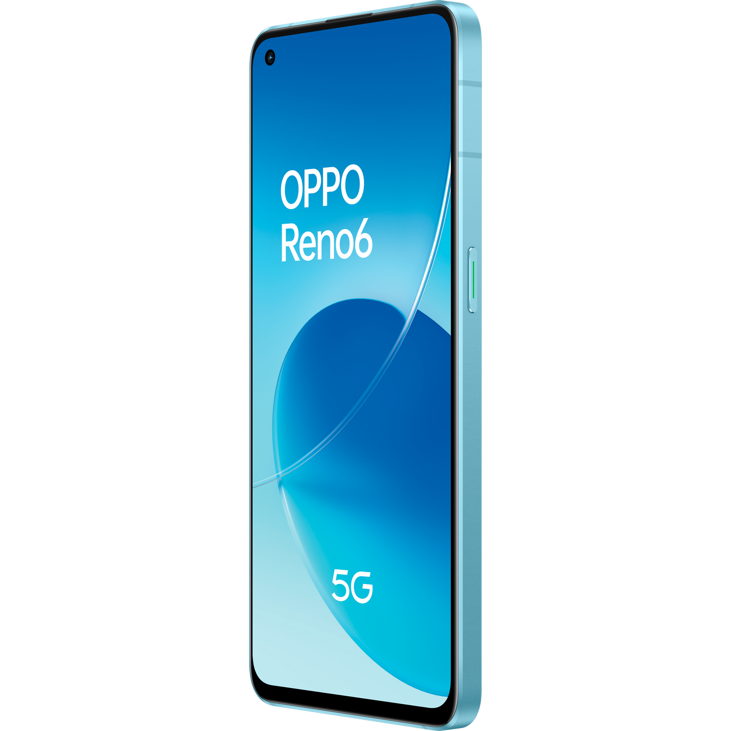 Teléfono Oppo Reno6 5G, color azul claro, sobre fondo blanco. La pantalla está encendida.