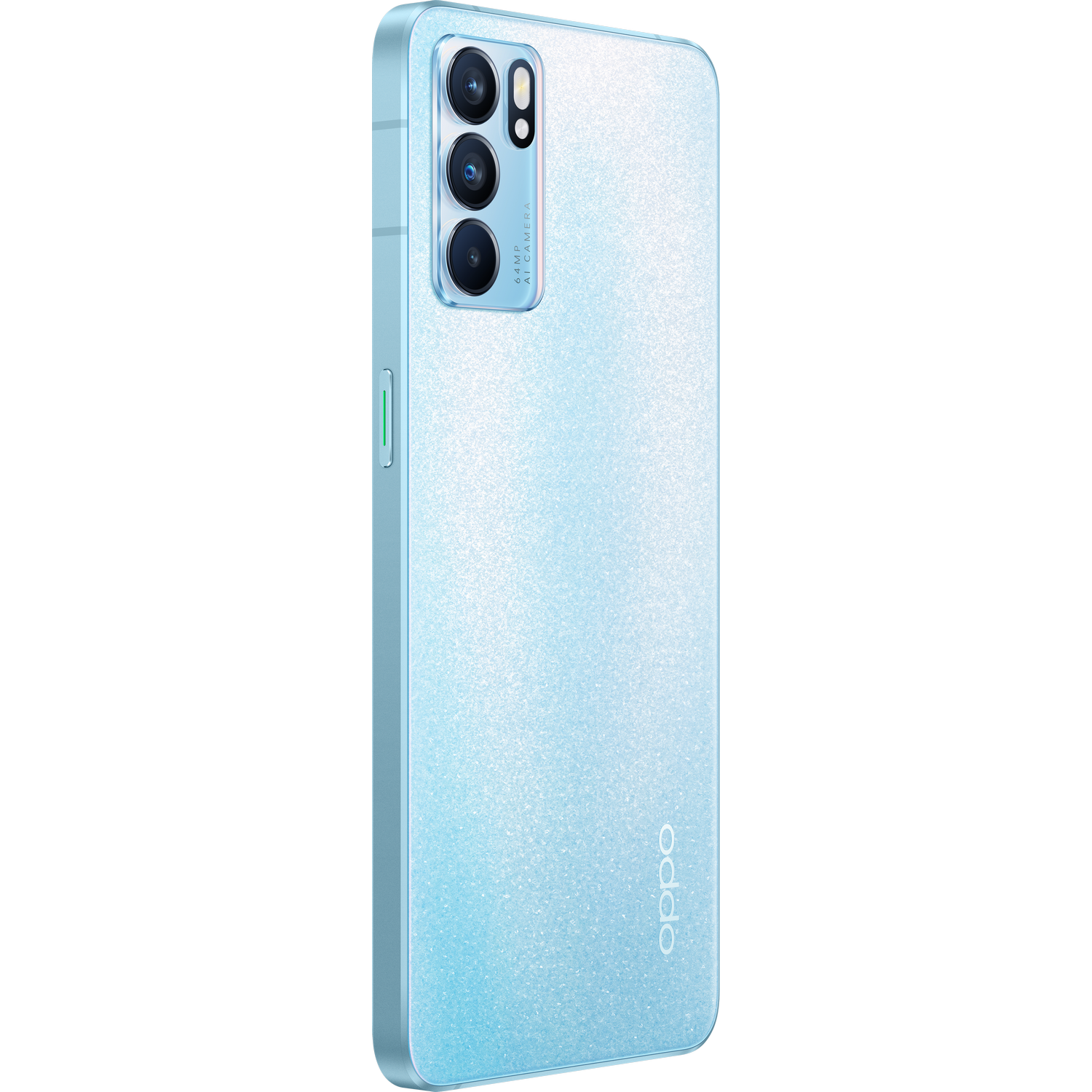 Un teléfono Oppo azul claro. Tiene tres cámaras traseras y el logotipo de la marca. Perfil lateral visible.