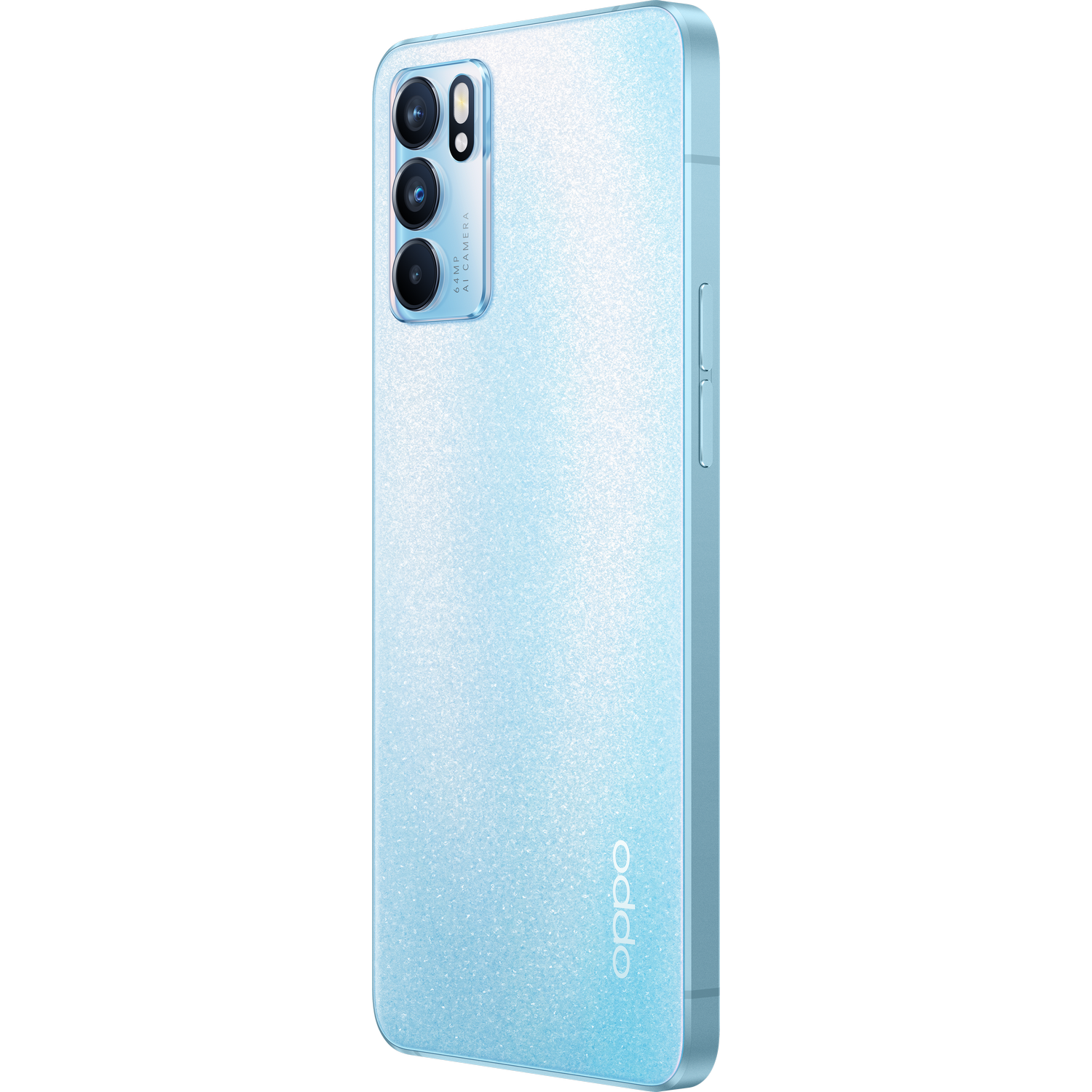 Teléfono Oppo azul claro. Configuración de triple cámara en la parte trasera. Logotipo de Oppo abajo.