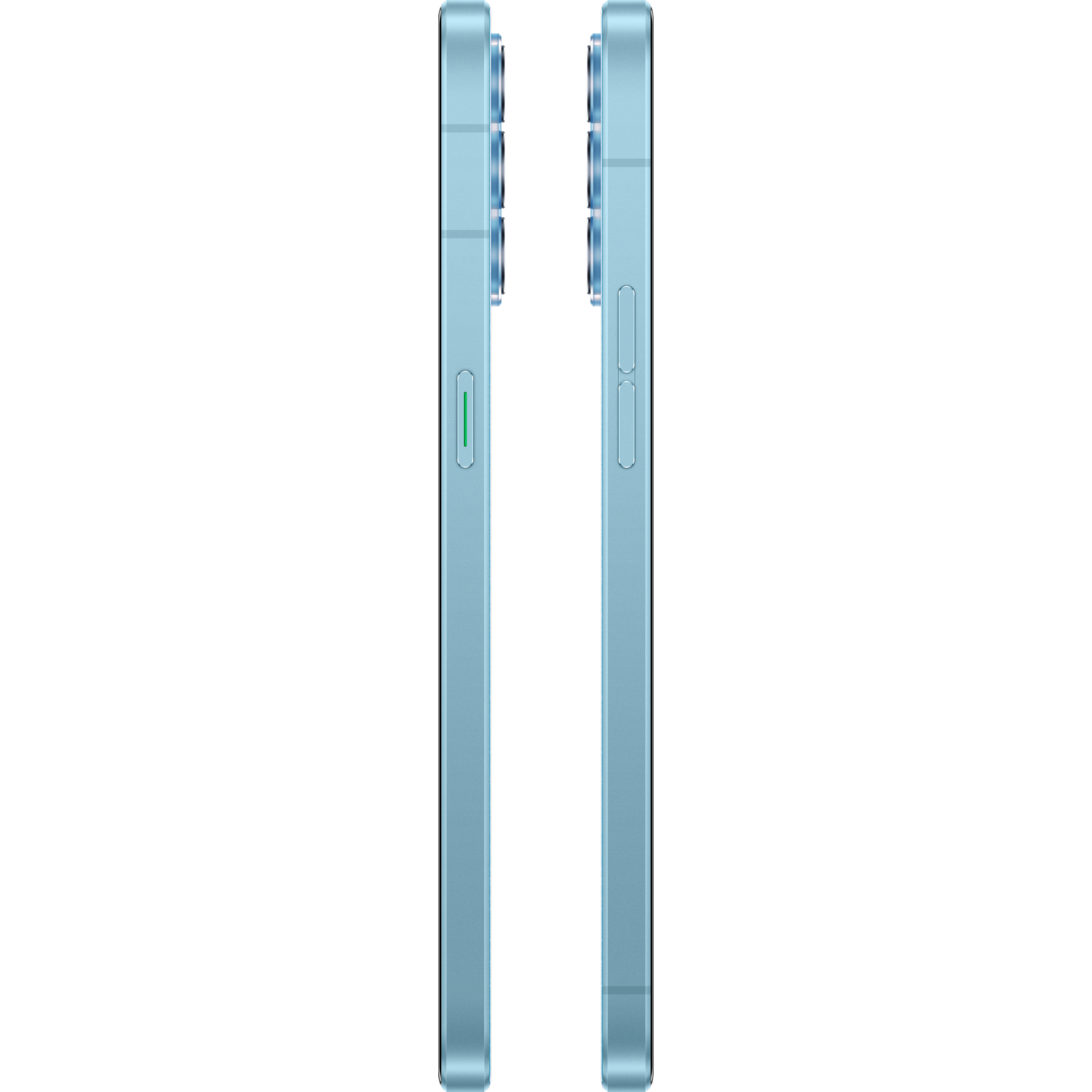Teléfono azul, vista lateral. Botones de volumen y encendido visibles. Logotipo verde.
