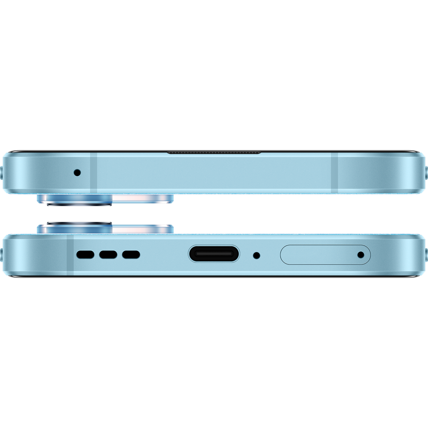 Un teléfono azul claro con cámara y puertos visibles desde una vista lateral.