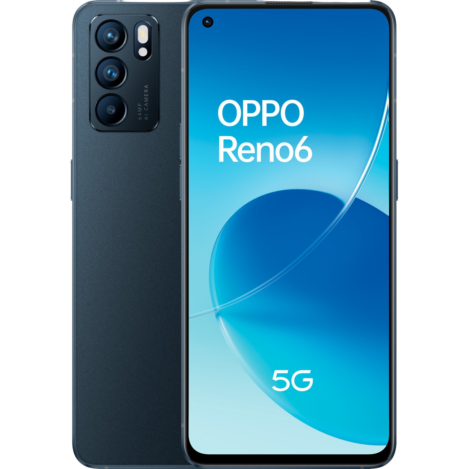 Smartphone azul con texto Oppo Reno6. Sobre fondo blanco, mostrando la parte trasera y la pantalla.
