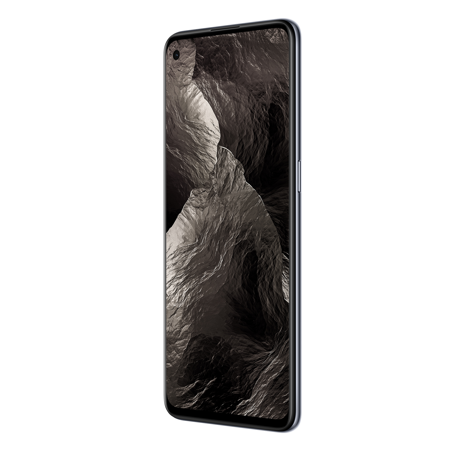 Un smartphone con una pantalla oscura. El teléfono es negro y tiene un marco azul claro.