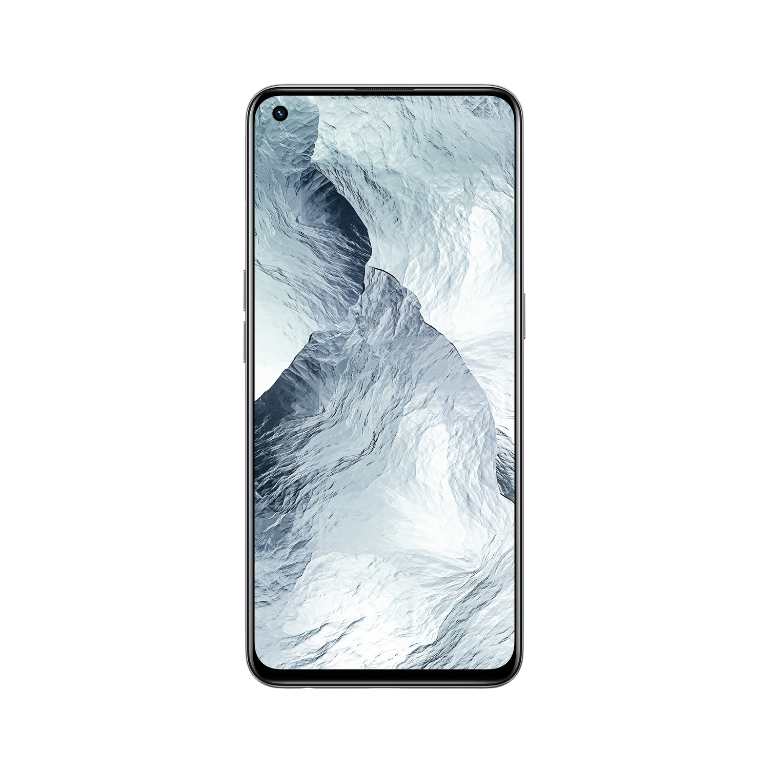 Un smartphone mostrando una imagen de montaña helada sobre fondo negro.