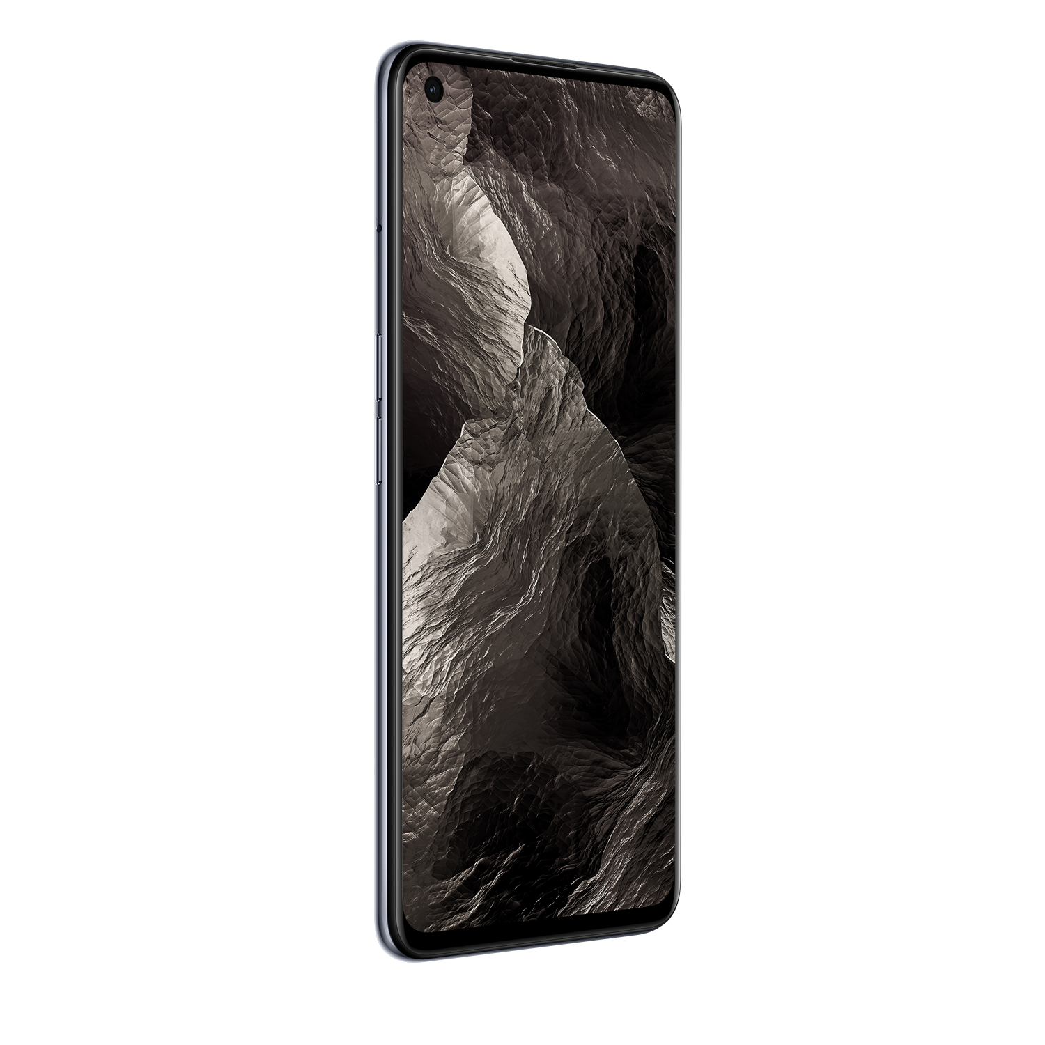 Un teléfono inteligente negro con una pantalla texturizada gris y blanca similar a una montaña.