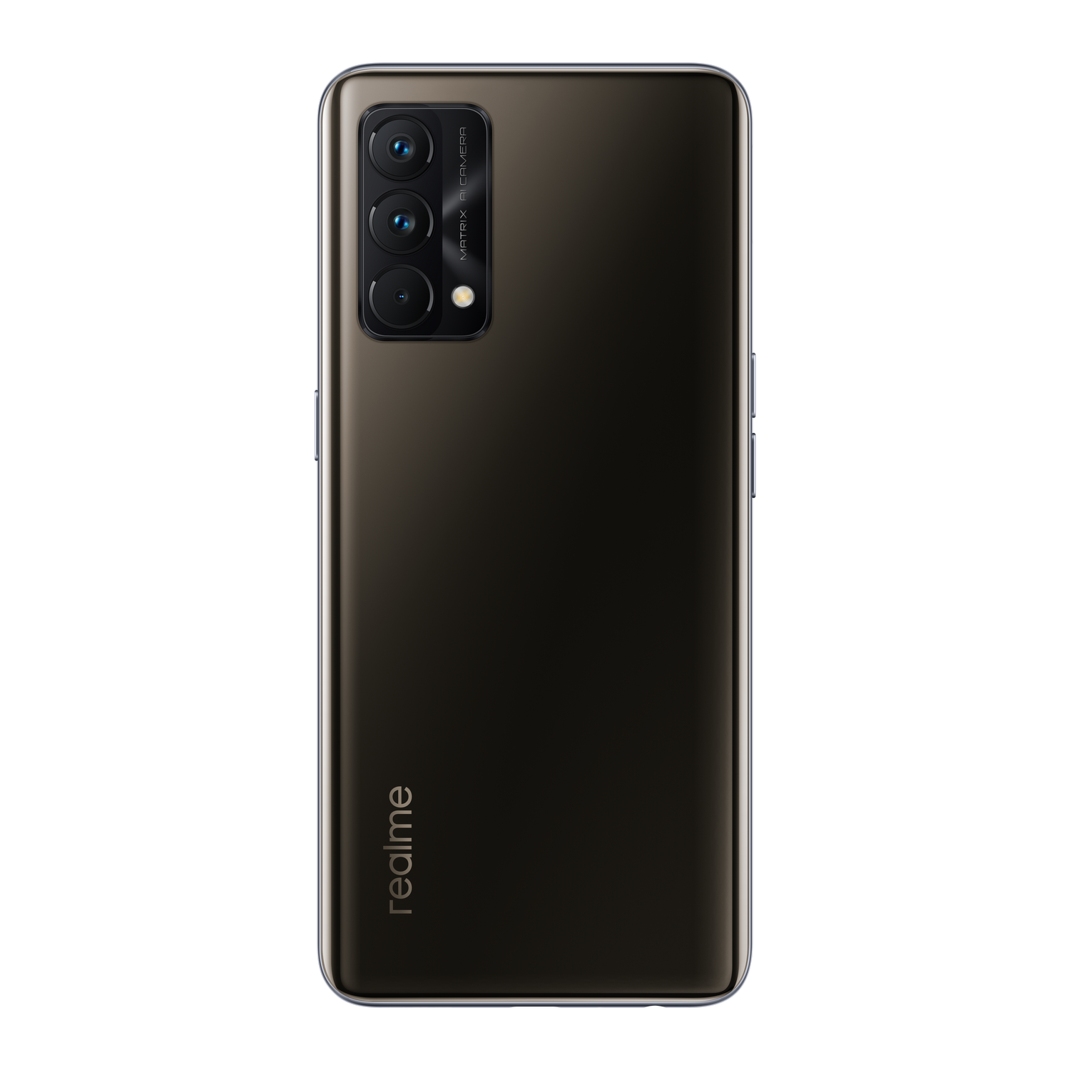 Parte trasera de un teléfono Realme marrón oscuro. El teléfono tiene múltiples cámaras traseras.