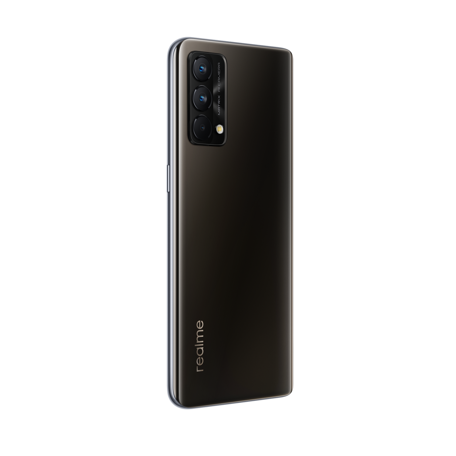 Un teléfono inteligente negro. La parte trasera del teléfono es visible, con varias cámaras y la palabra 'realme'.