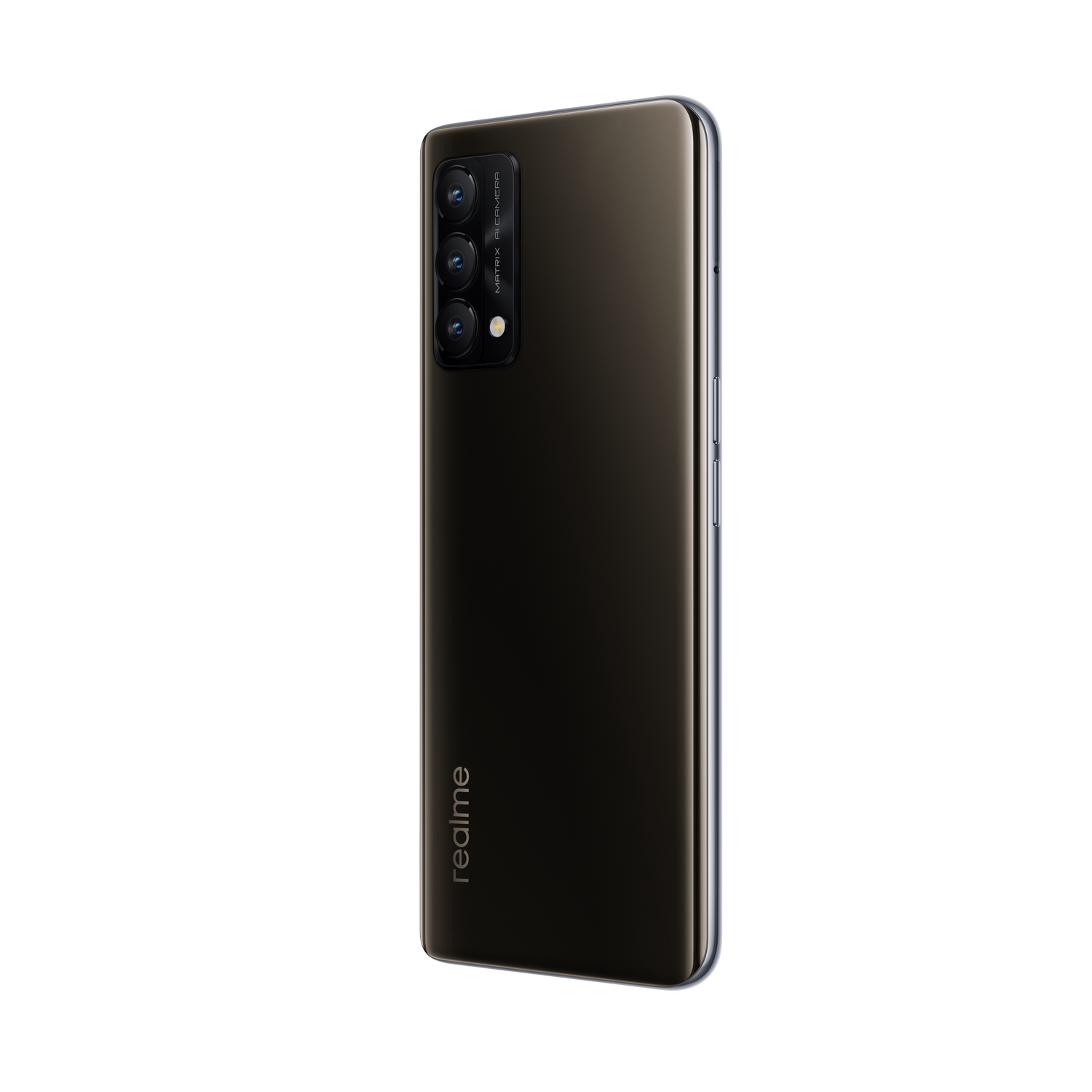 Vista trasera del smartphone Realme, negro con triple cámara y el logotipo de la marca en blanco.
