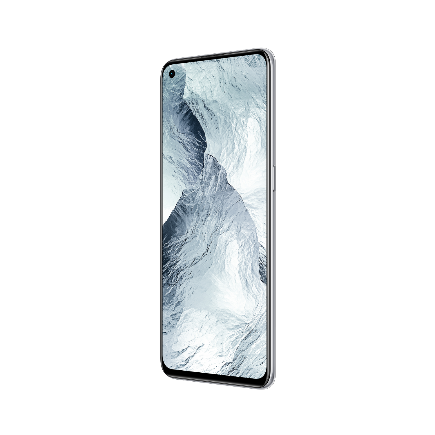 Un smartphone plateado con una pantalla grande que muestra una imagen texturizada en blanco y gris.