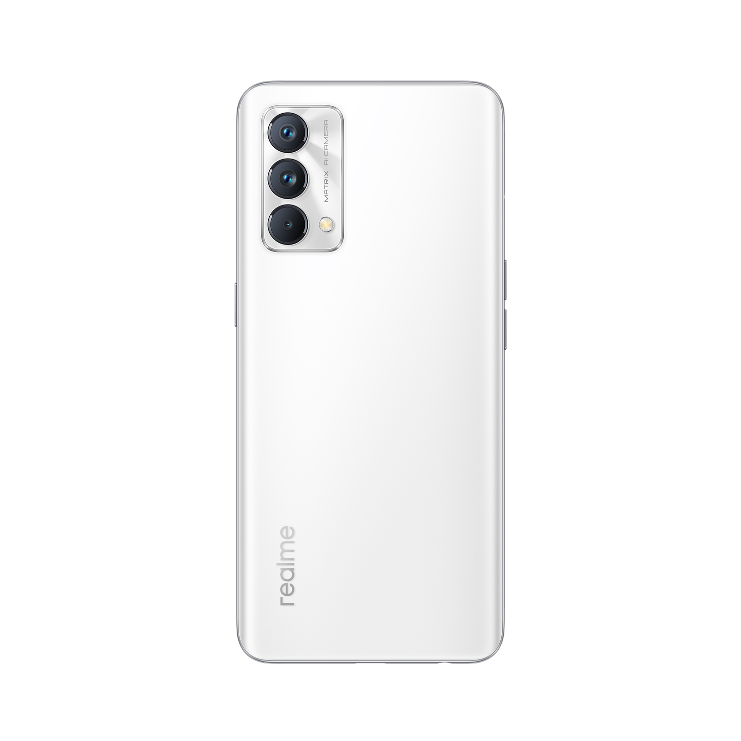 Smartphone blanco con tres cámaras traseras y el logotipo de Realme. Tiene un diseño limpio.