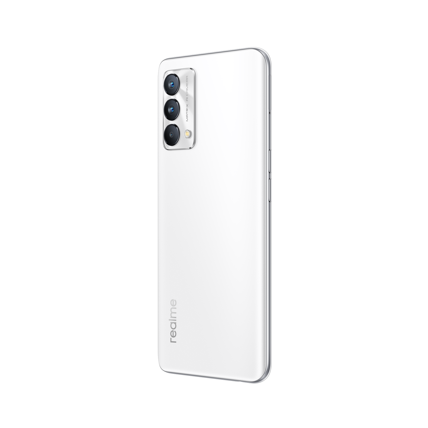 Smartphone blanco con cámara triple sobre fondo negro.