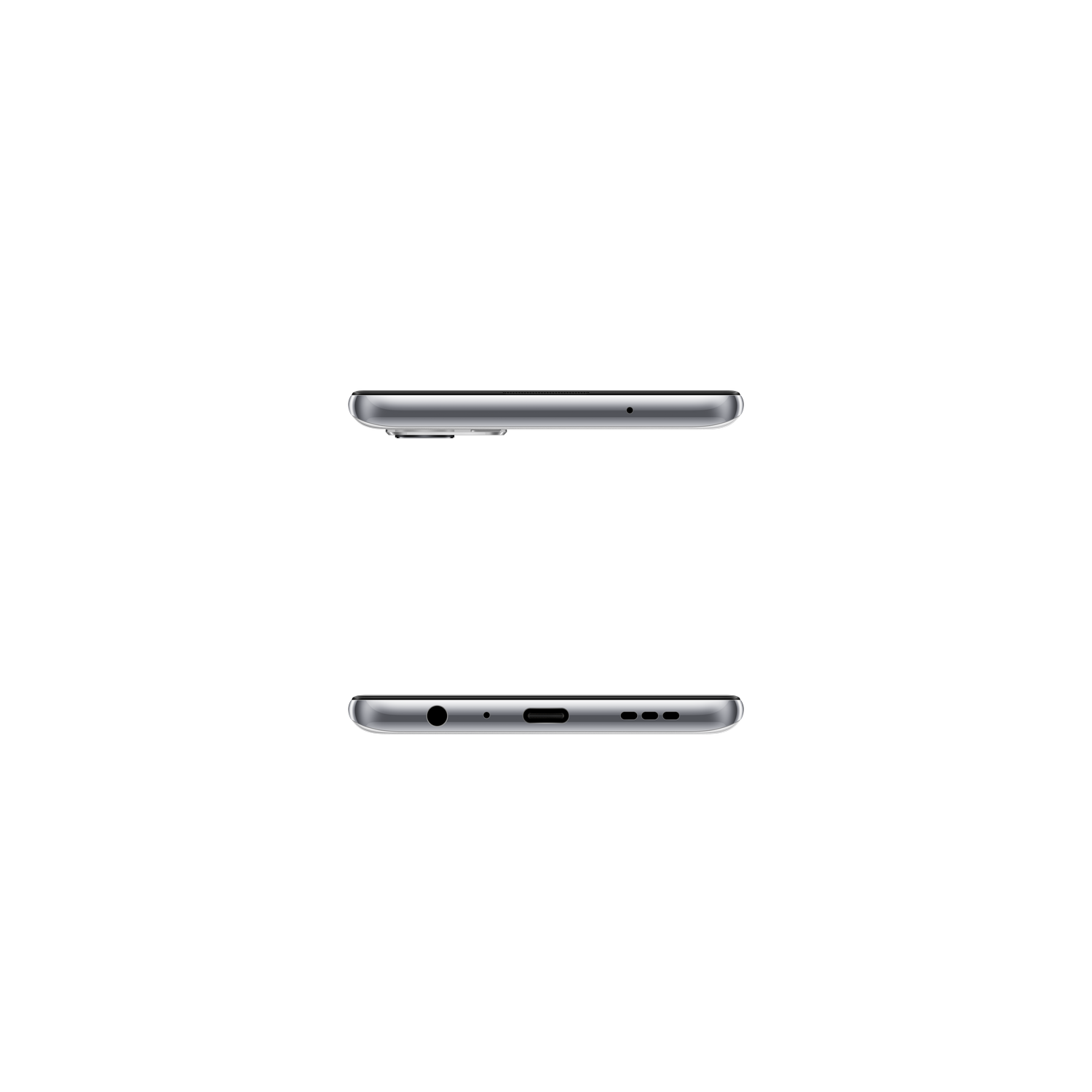 Dos vistas de un teléfono. La parte superior muestra la cámara y los bordes. La inferior muestra el conector para auriculares y el puerto.