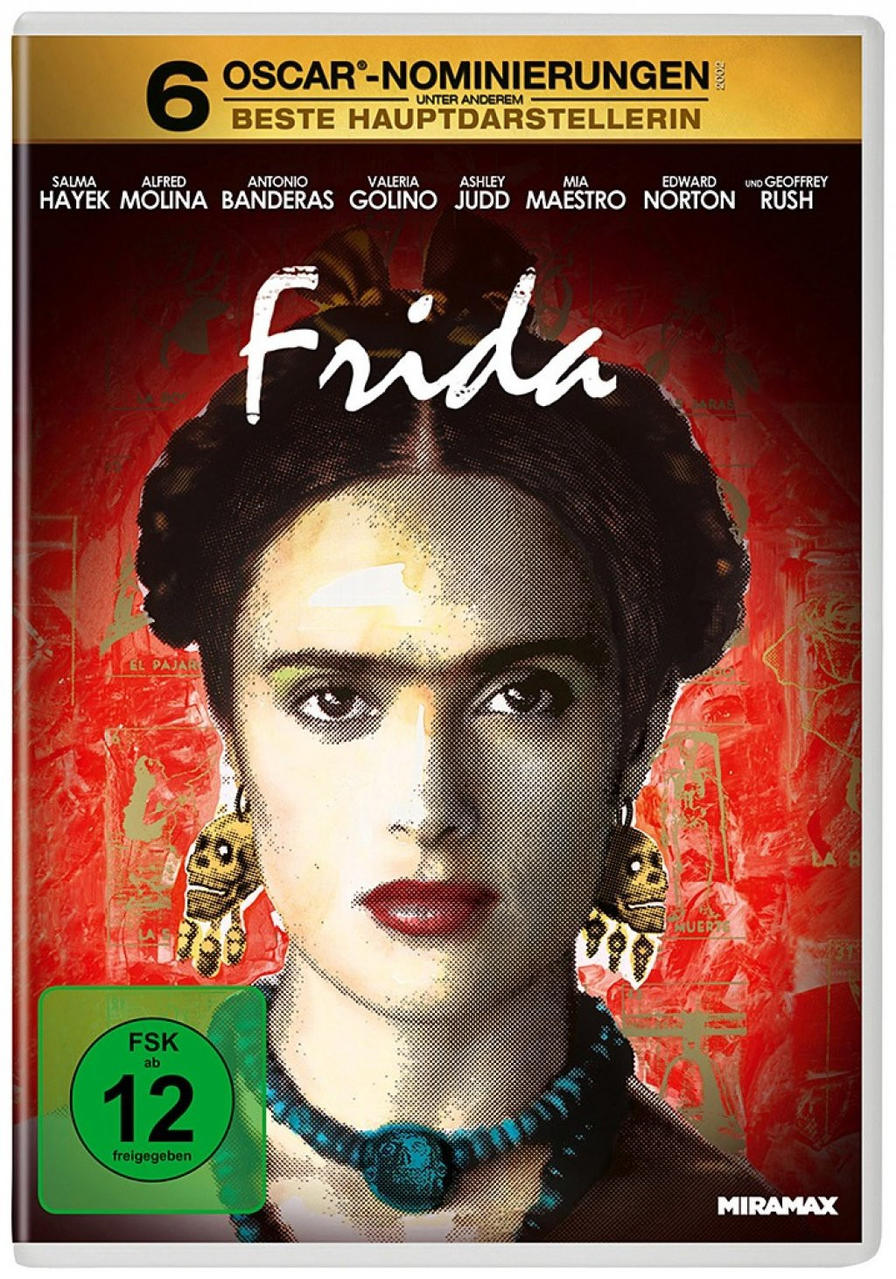 Frida Kahlo Filmcover: Porträt, dunkles Haar, Blumenschmuck, Ohrringe, Halskette, Text, roter Hintergrund.