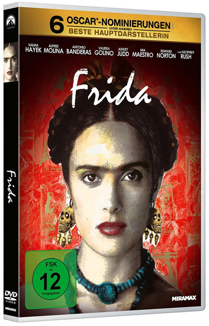 DVD-Cover des Films 'Frida'. Es zeigt ein Porträt von Frida Kahlo, mit Text- und Auszeichnungsinformationen.
