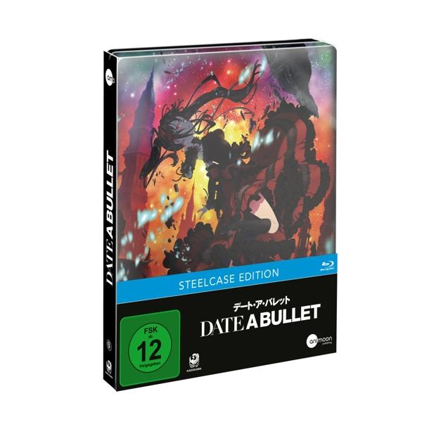 Blu-ray-Hülle für den Anime 'Date A Bullet'. Mit farbenfroher Anime-Kunst und japanischem Text. Schwarzer Hintergrund.