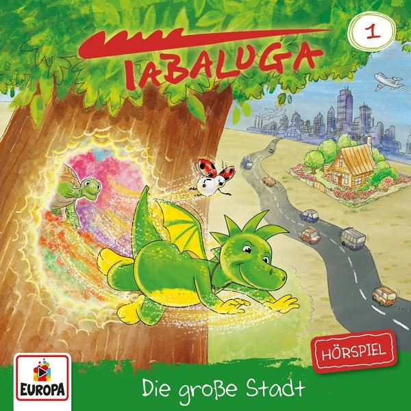 Buchcover, Illustration eines grünen Drachen, der auf eine Stadt zufliegt. Text: Tabaluga und Die große Stadt.