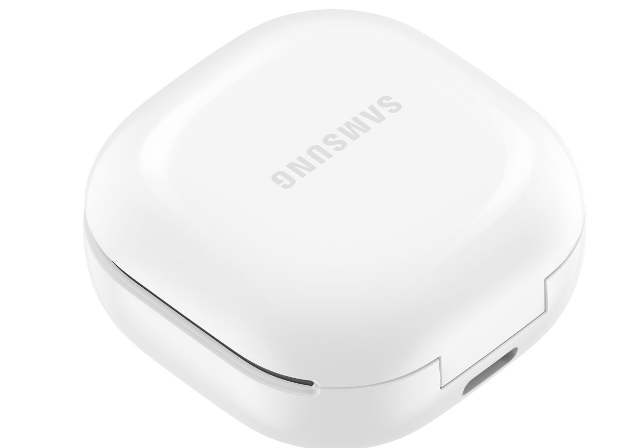 Üzerinde Samsung logosu bulunan, kablosuz kulaklıklar için beyaz, yuvarlak bir şarj kutusu.