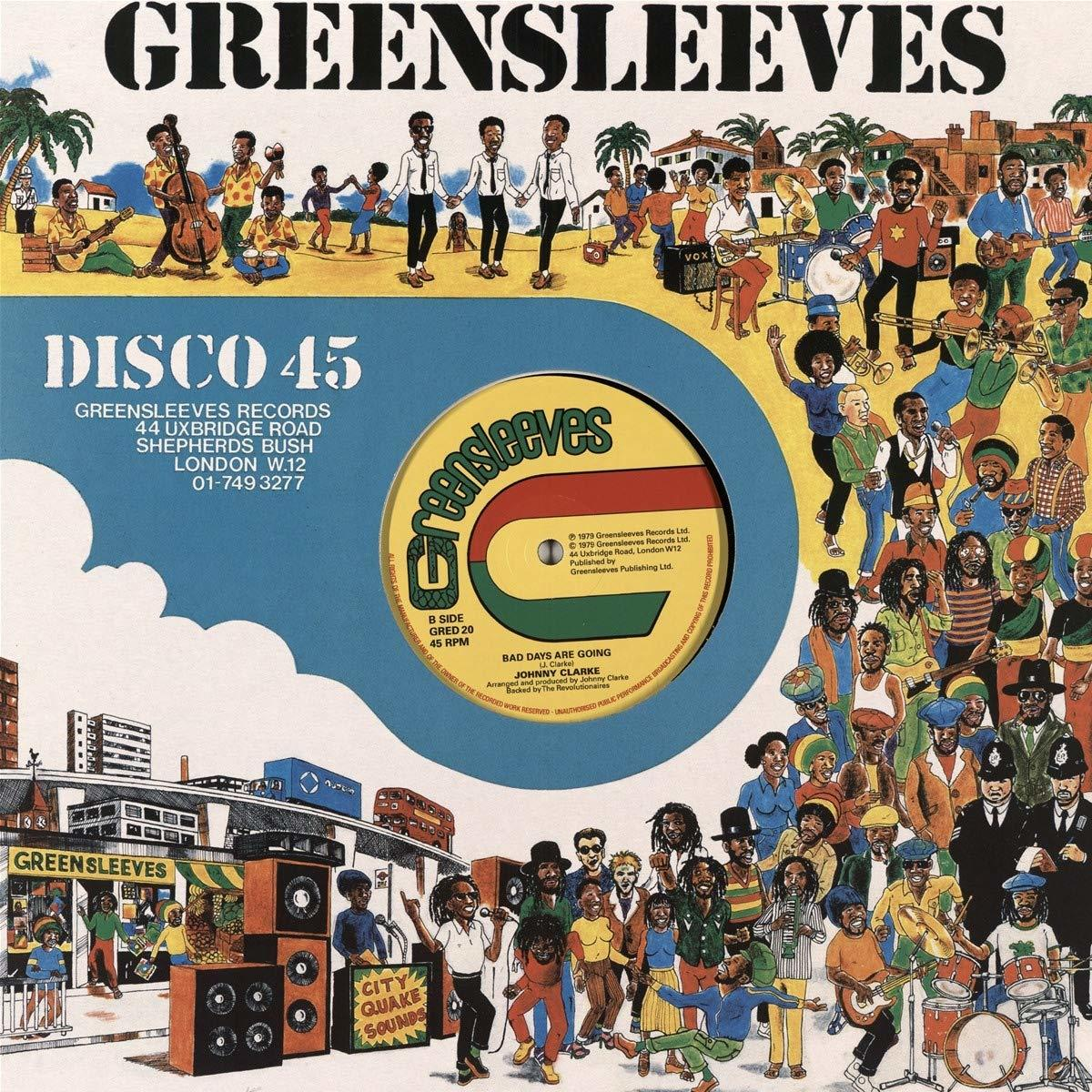 Greensleeves Schallplattencover. Menschenmenge um eine Vinylplatte, farbenfroh und vintage.