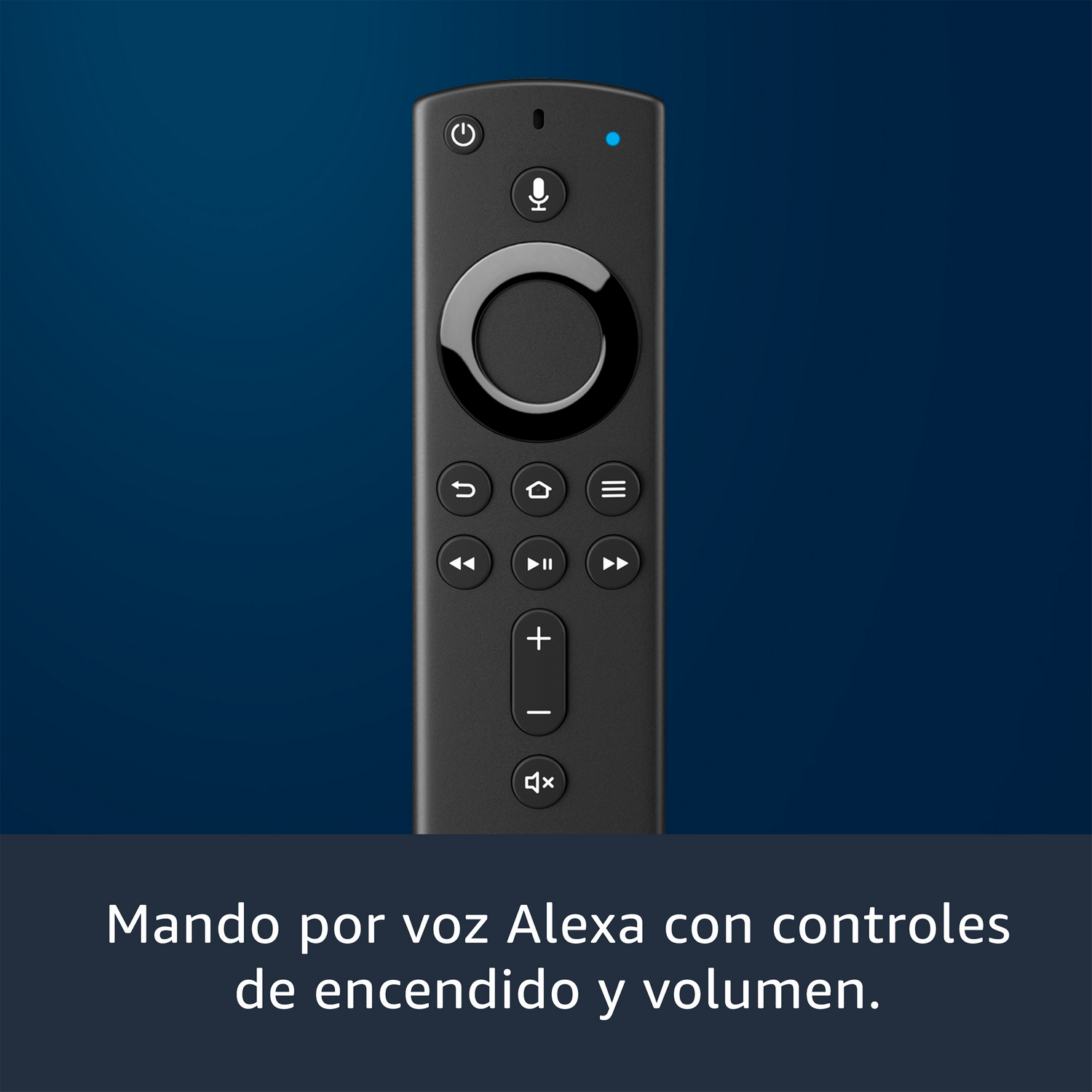 Mando a distancia negro con botones de control por voz Alexa y luz azul.