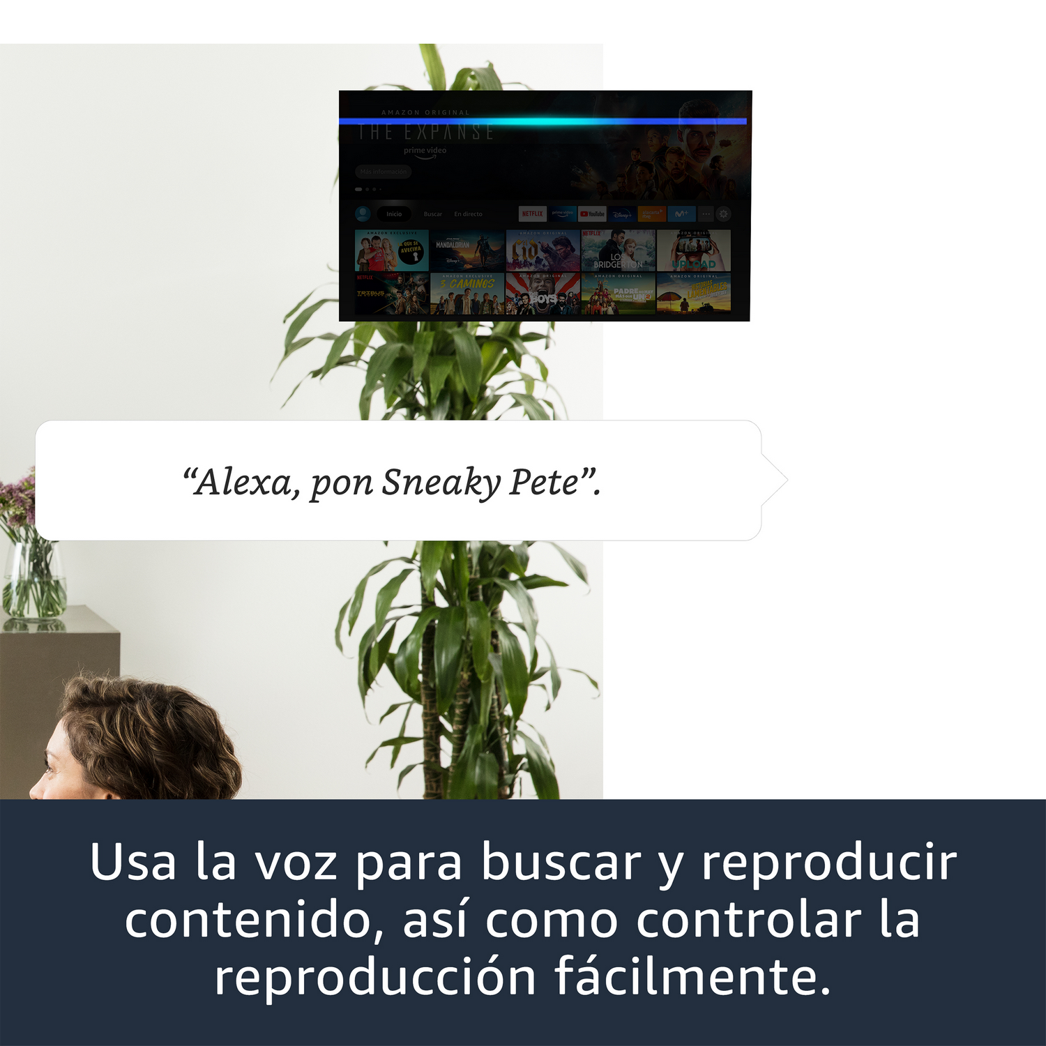 Una pantalla de TV inteligente muestra un servicio de streaming. Un comando de voz dice: 'Alexa, pon Sneaky Pete'.